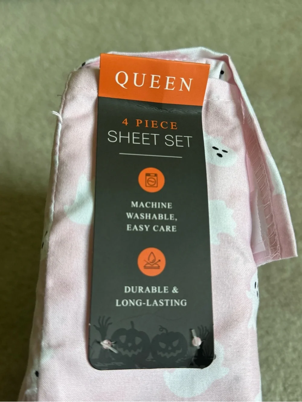 Spooky Story Queen 4-Piece Bed Sheet Set Pink Ghost Halloween Print New Bedding